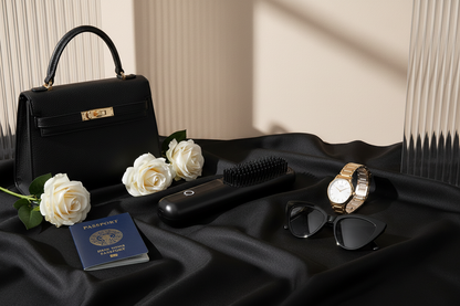 Black silk flat lay with designer accessories