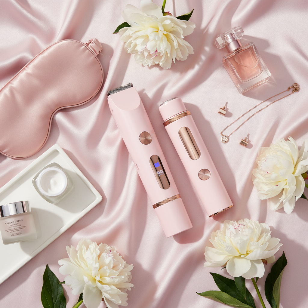 Blush silk flat lay with luxury items