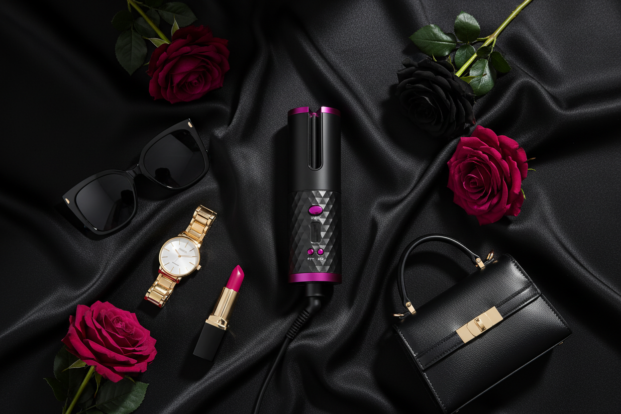 Bold flat lay on black silk