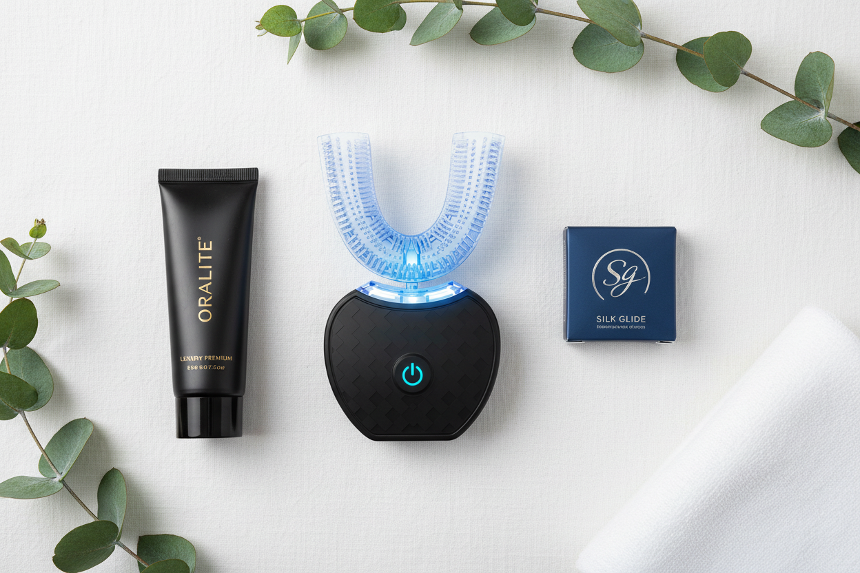 Clean flat lay with oral care items