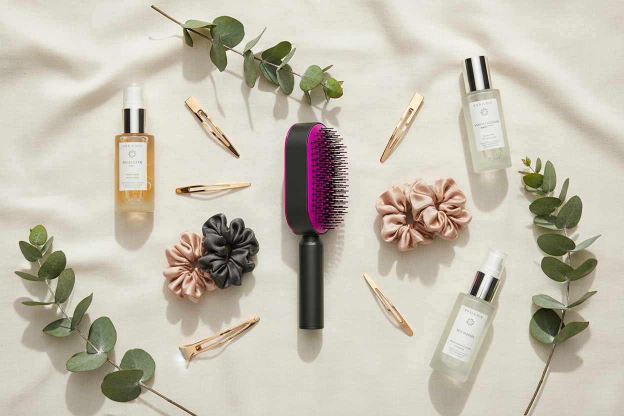 Flat lay with luxury hair accessories