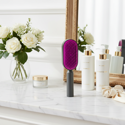 Marble vanity with hair care products