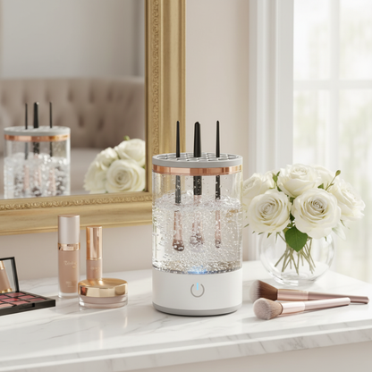 Marble vanity with makeup brushes