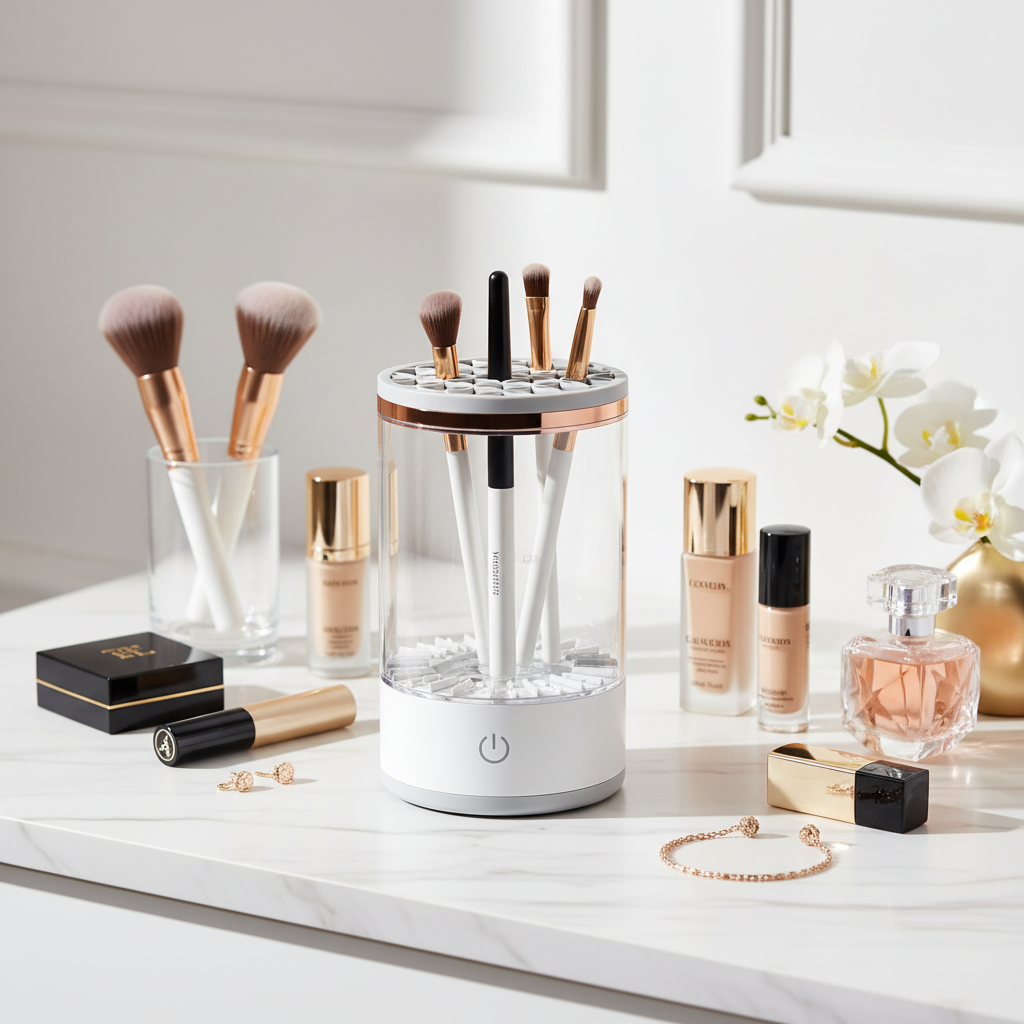 Marble vanity with orchids and cosmetics