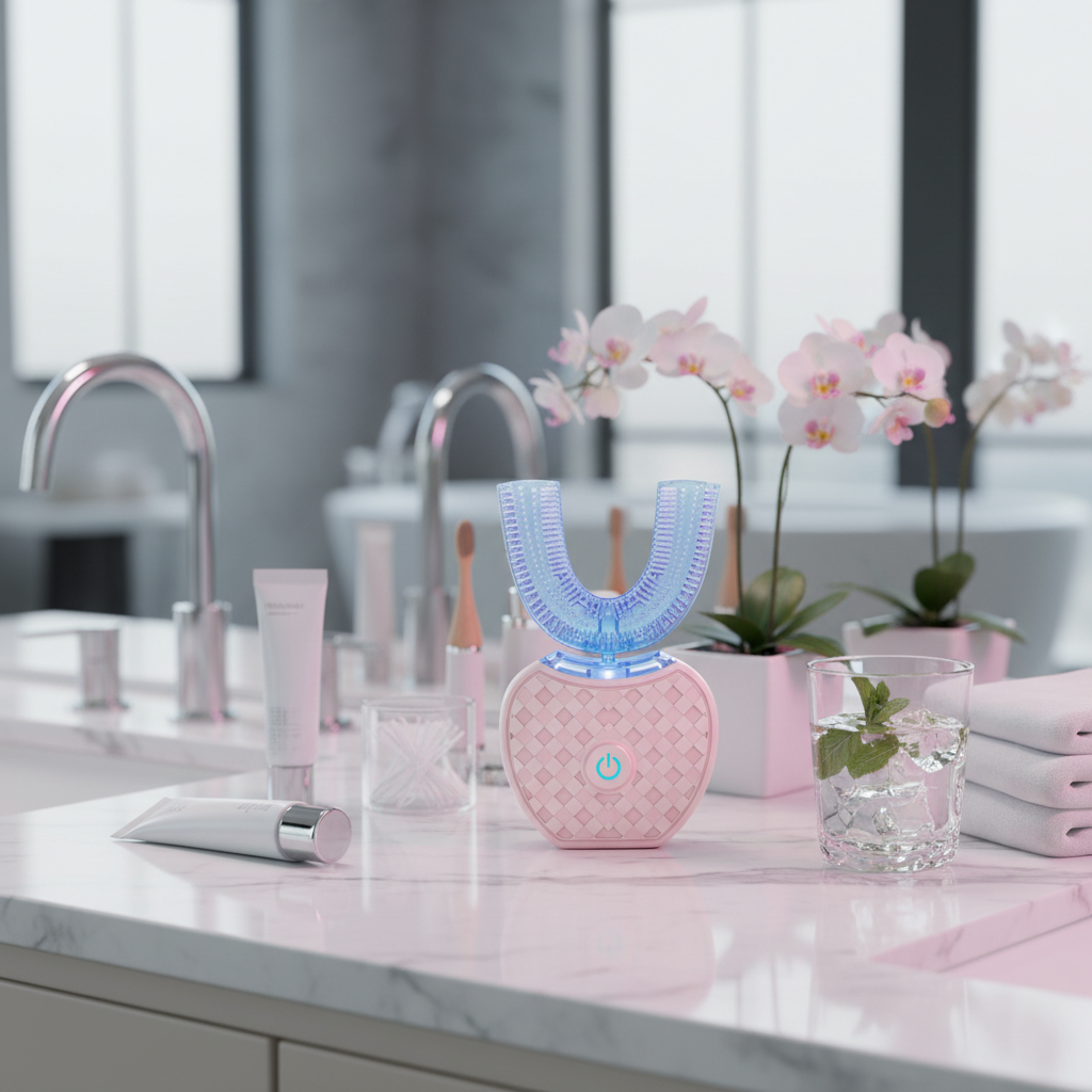 Marble vanity with pink and blue lighting