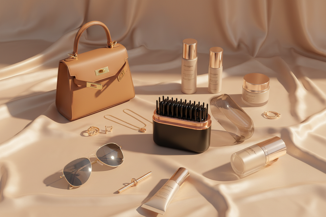 Premium flat lay with designer accessories