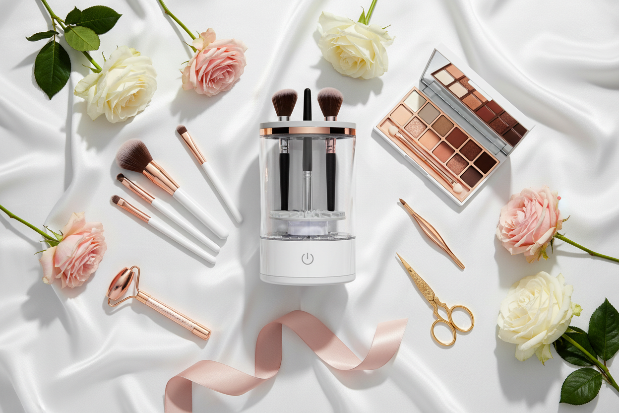 White silk flat lay with luxury items